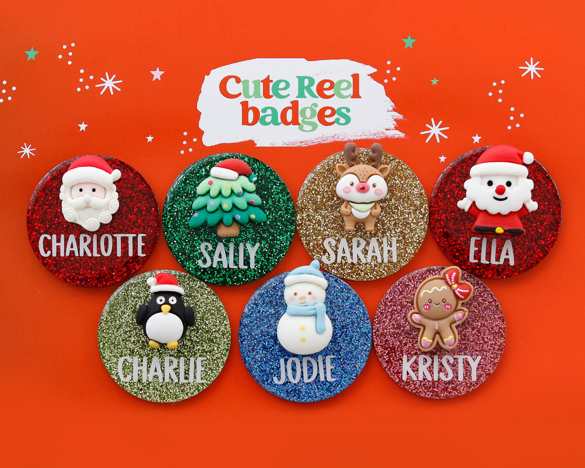 Round glitter Christmas badge reels with Santa, snowman, reindeer and tree charms