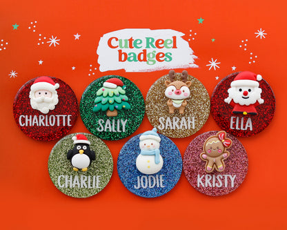 Round glitter Christmas badge reels with Santa, snowman, reindeer and tree charms