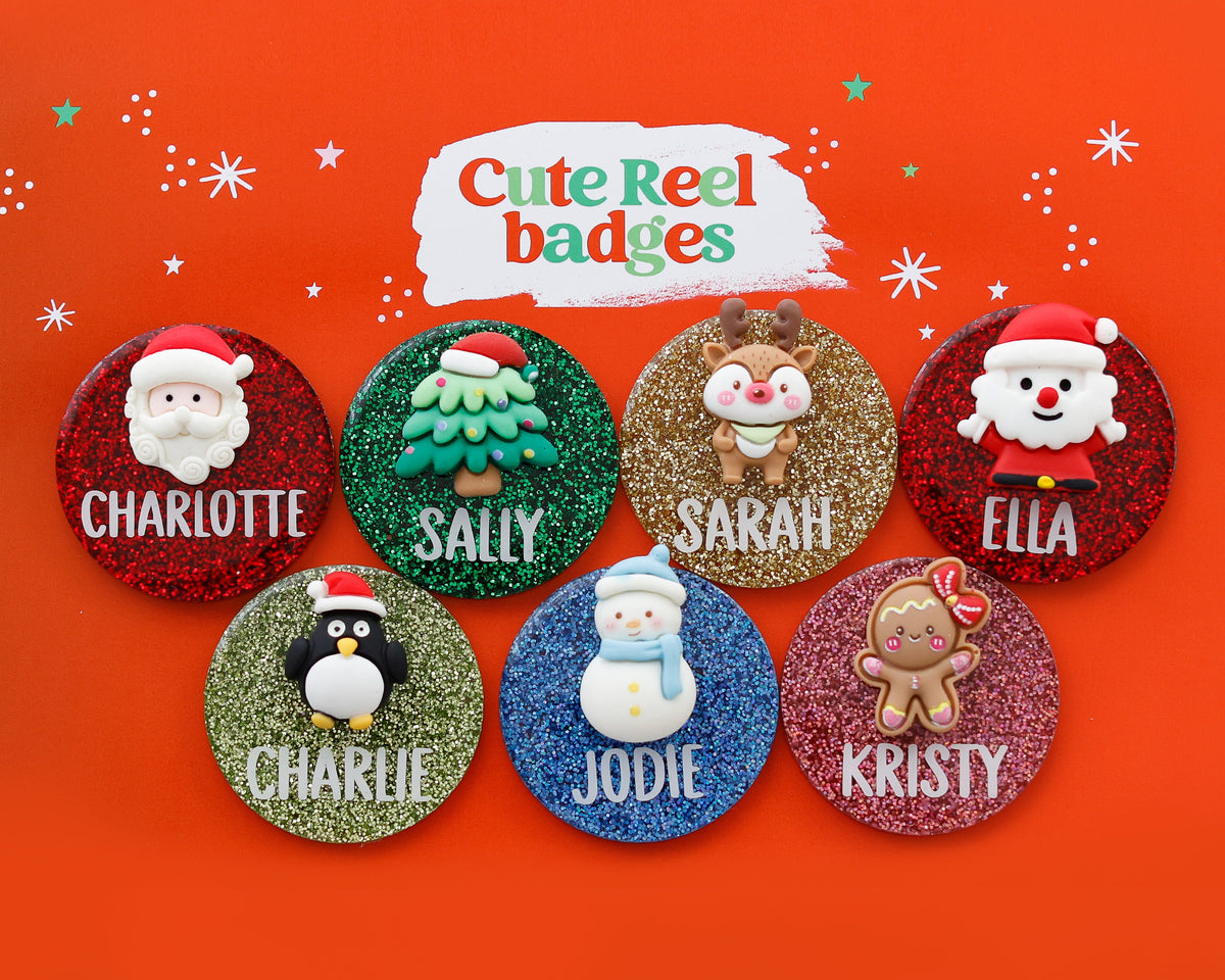 Personalised round glitter Christmas badges with Christmas charms and names