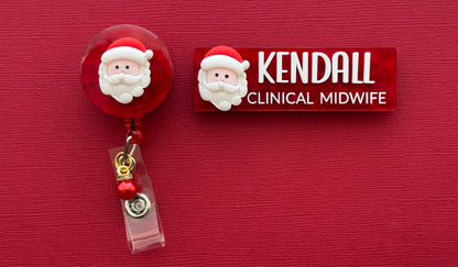 Santa Christmas badge reel shown with a matching Kendall Clinical Midwife name badge