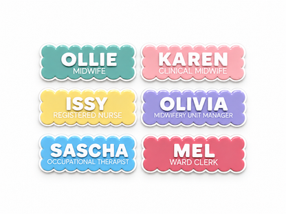 Scalloped acrylic name badges in six colours for midwives, nurses and hospital staff