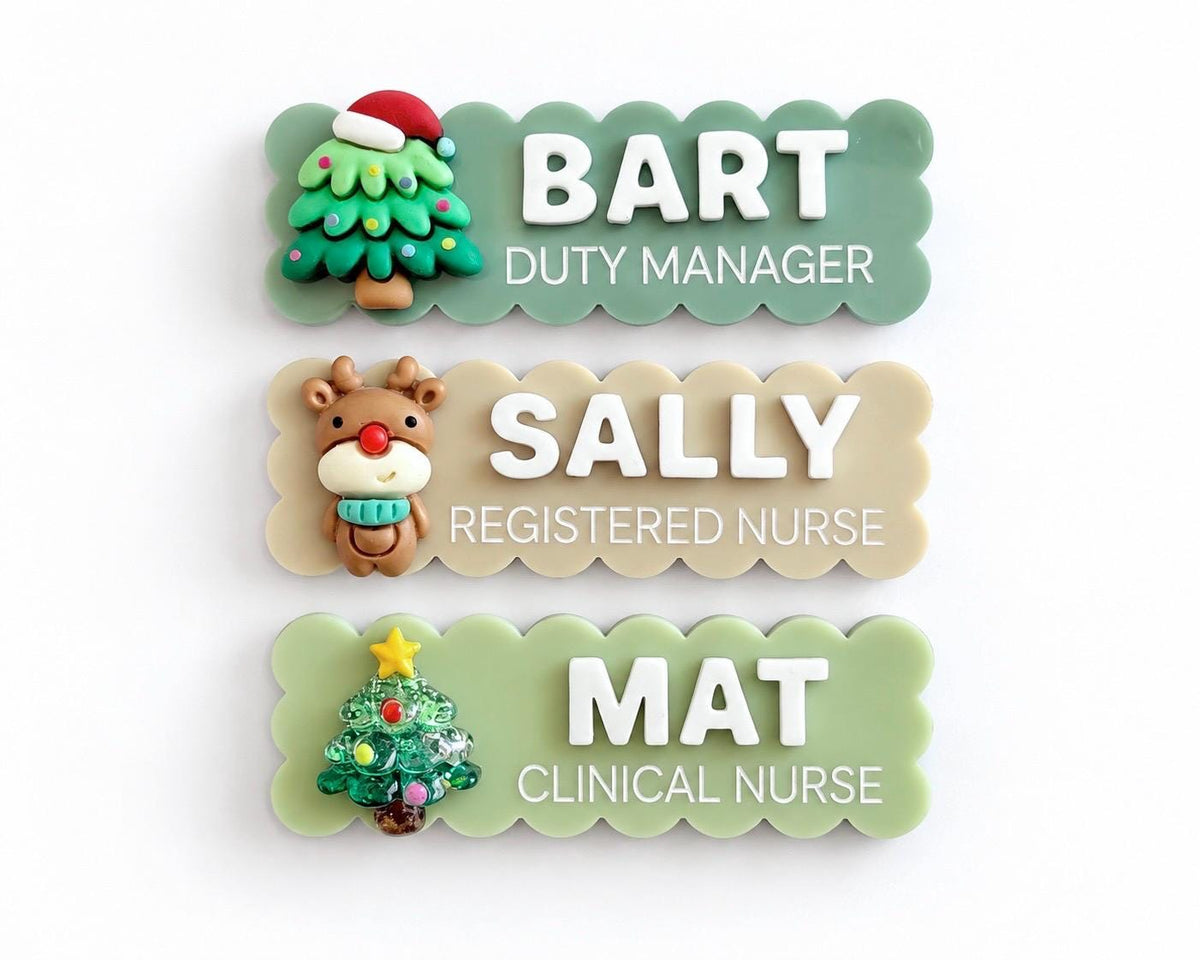 Scalloped Christmas name badges with tree and reindeer charms for Bart Duty Manager, Sally Registered Nurse and Mat Clinical Nurse