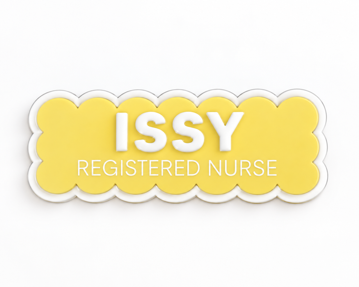 Yellow scalloped nurse name badge reading 'Issy – Registered Nurse'