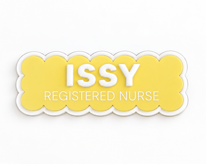 Yellow scalloped nurse name badge reading 'Issy – Registered Nurse'